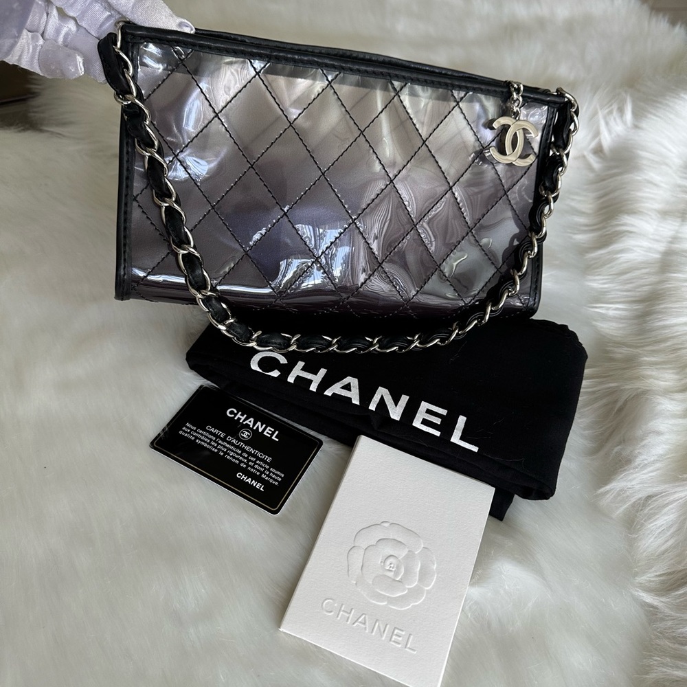 CHANEL Silver Quilted PVC Shoulder Bag with Black Trim